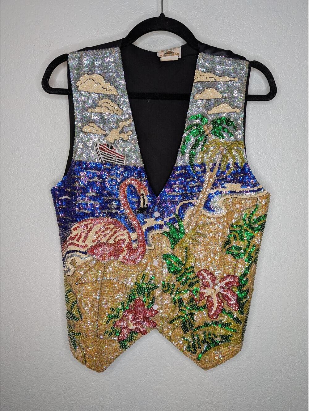 Vintage To The Max Beaded Sequin Vest Flamingo Tropical Scene Art Vest